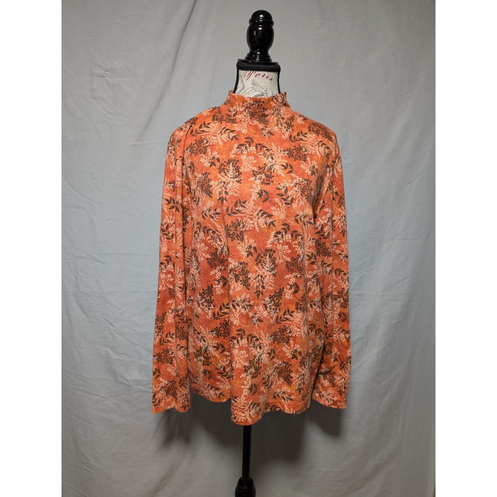 Croft & Barrow Orange Mock Neck Long Sleeve Cotton Top‎ Fall Leaf Floral Plus 1X